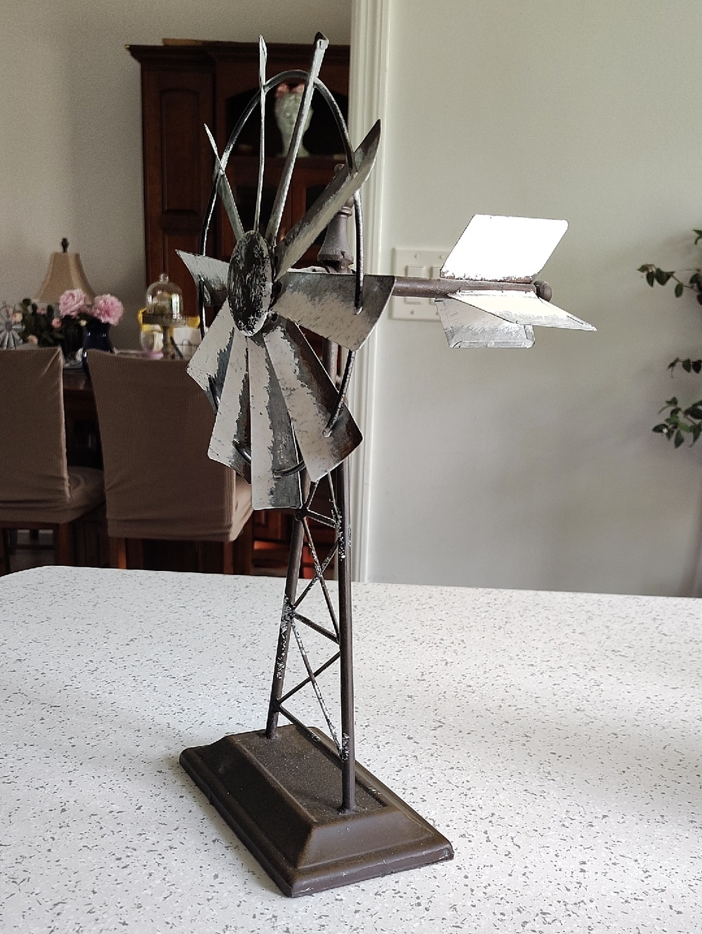 Metal Windmill Tabletop Sculpture - Rustic White and Brown Home Art